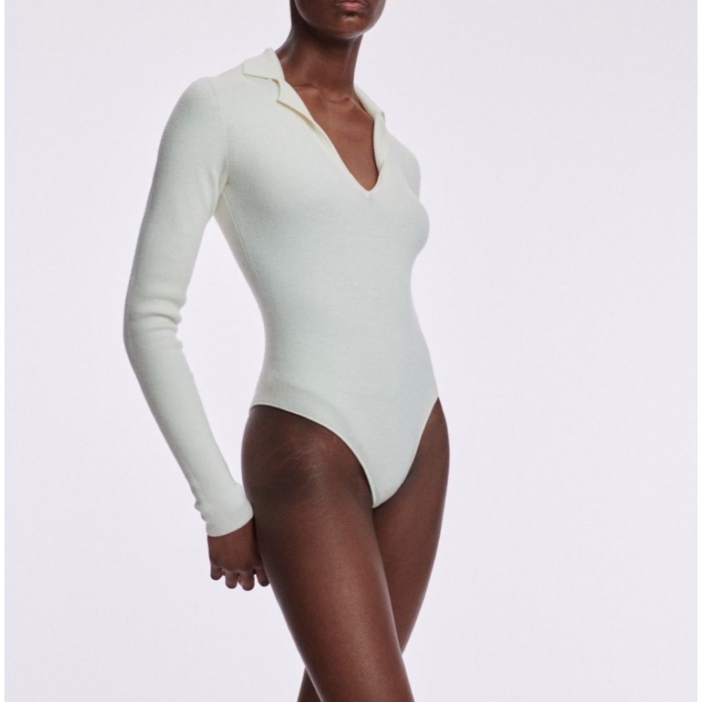 CO Long Sleeve Merino Wool Compact Knit  Bodysuit in Ivory